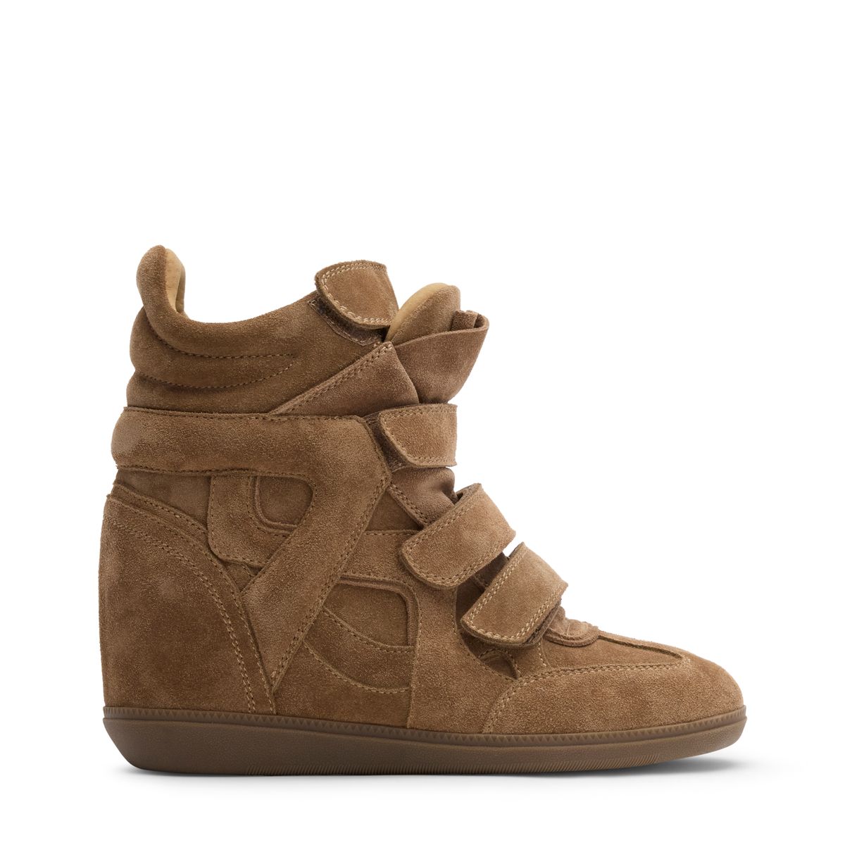 Beigefarbene Veloursleder-Sneaker mit Keilabsatz