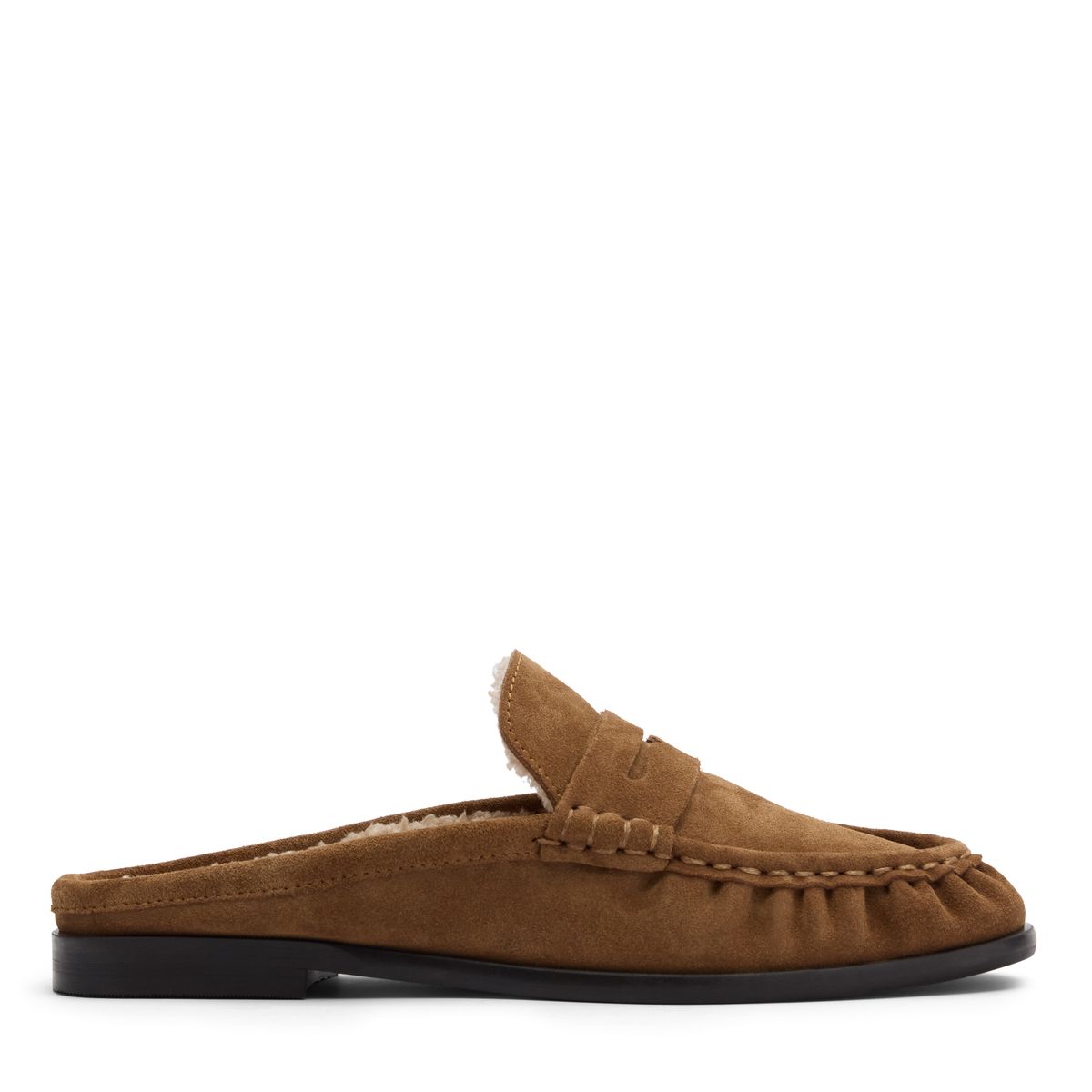 Beigefarbene Veloursleder-Slipper mit Wollfutter