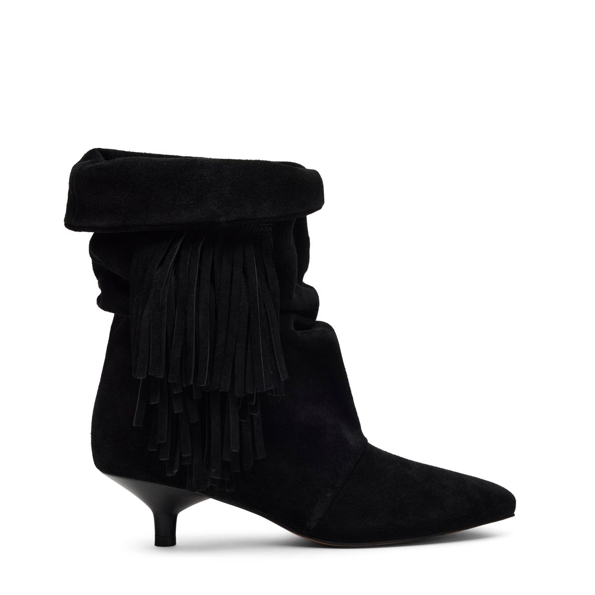 Schwarze Slouchy Boots aus Veloursleder mit Fransen