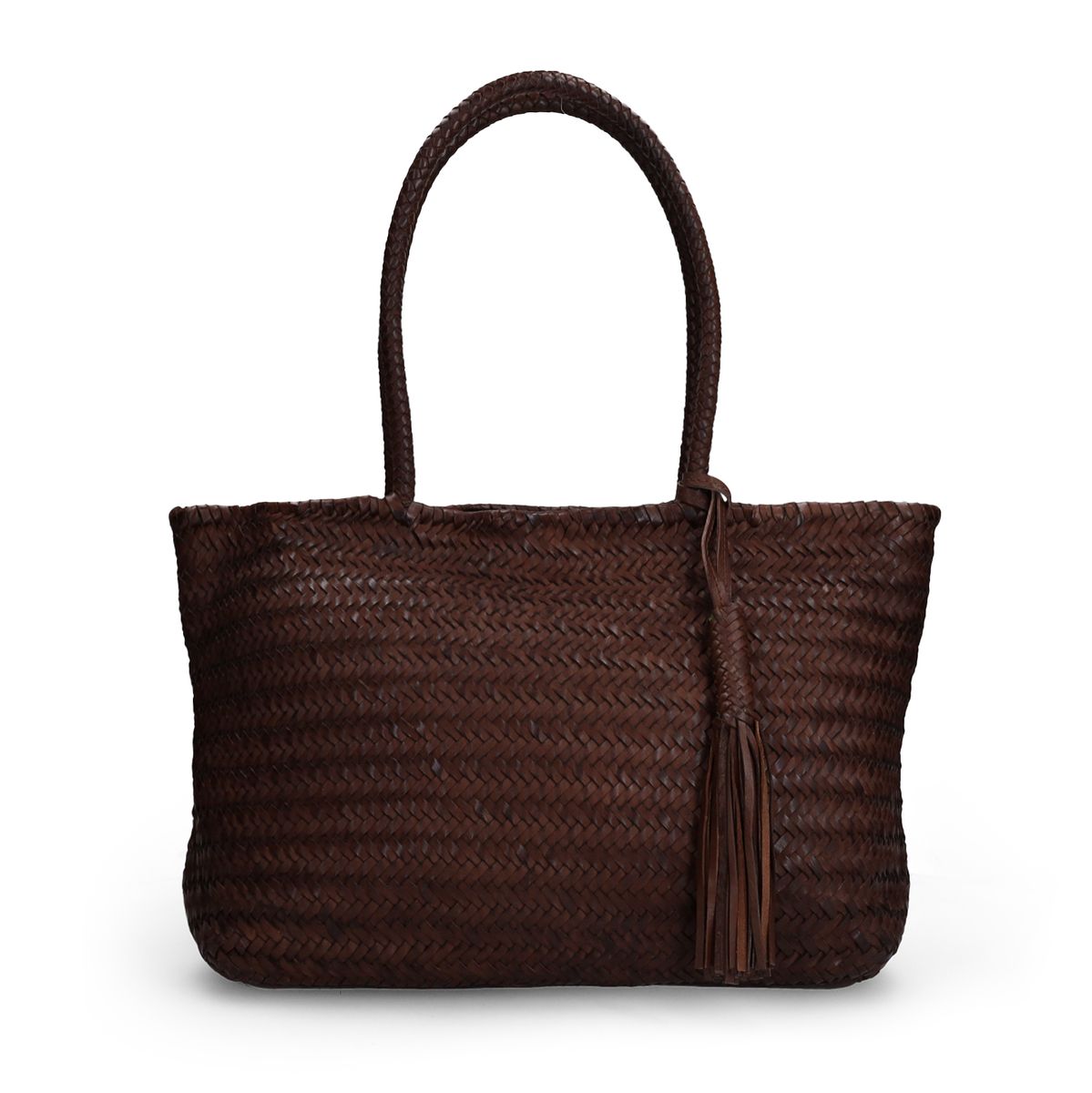 Bruine leren gevlochten handtas