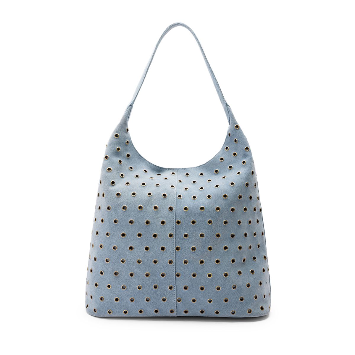 Manfield Hellblaue Veloursleder-Schultertasche Mit Silberfarbenen Nieten