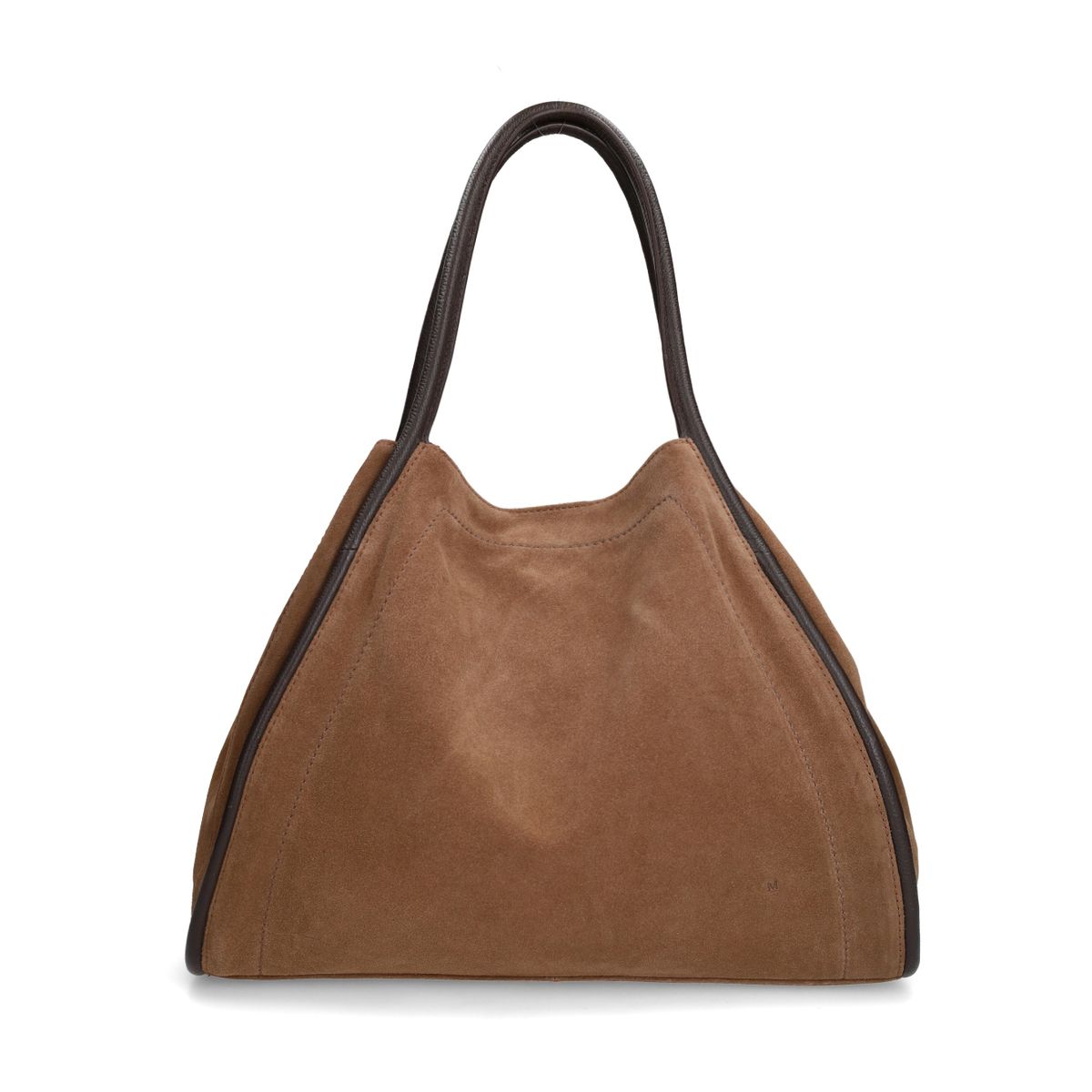 Taupe suède handtas met bruine handvaten