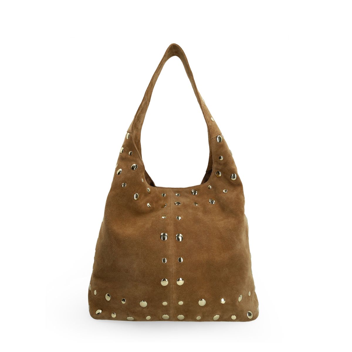 Taupe suède schoudertas met gouden studs