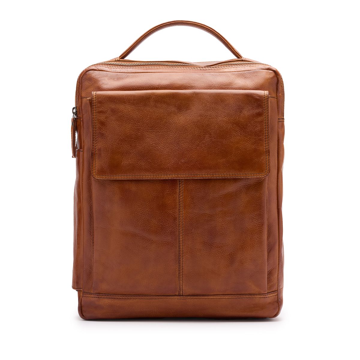 Manfield Cognac Leren Unisex Rugzak Met Ritssluiting - Maat Onesize