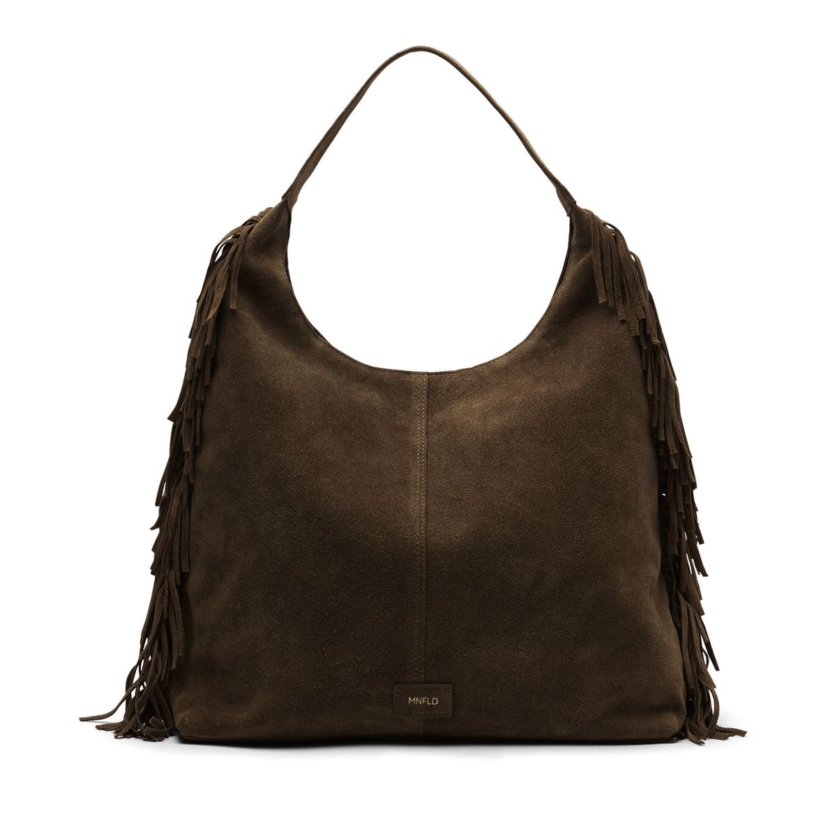 Donkerbruine suède schoudertas met franjes