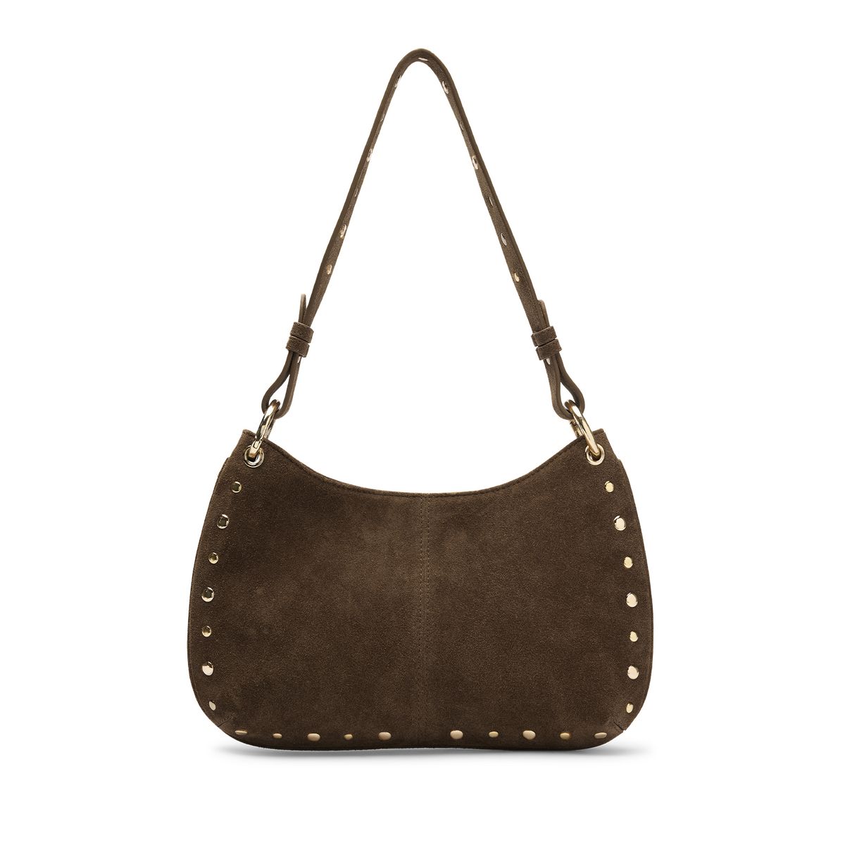 Donker bruin suède schoudertasje met gouden studs