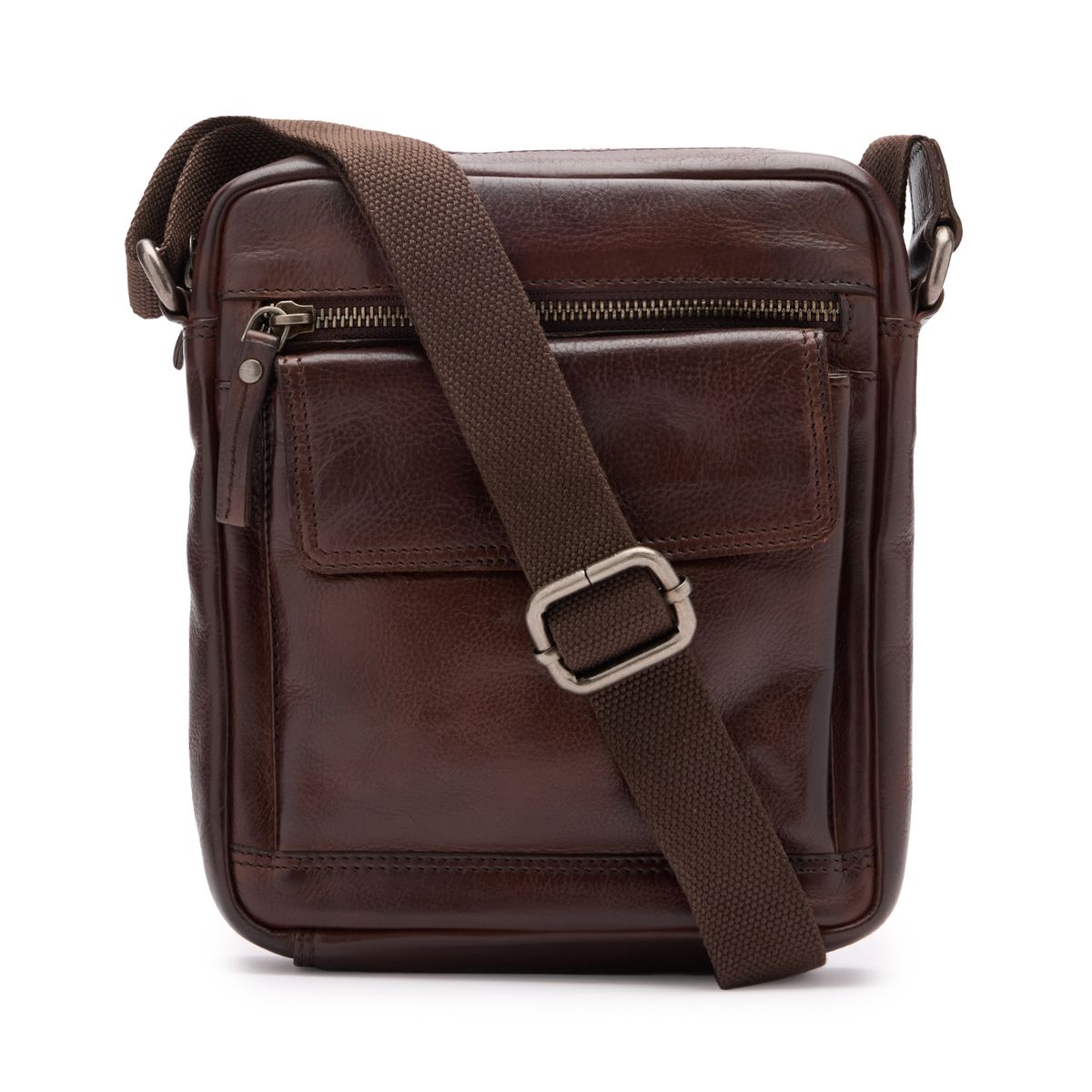 Manfield Bruine Leren Unisex Schoudertas Met Ritssluiting – Maat Onesize