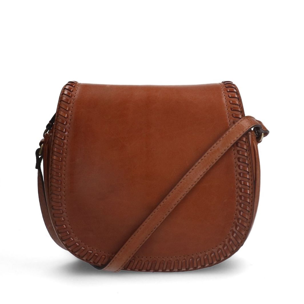 Cognac leren schoudertas met gevlochten details