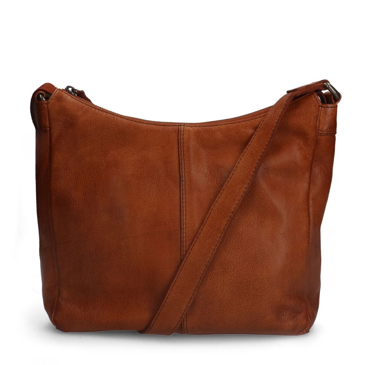 Manfield Cognac Leren Schoudertas Met Ritssluiting – Maat Onesize