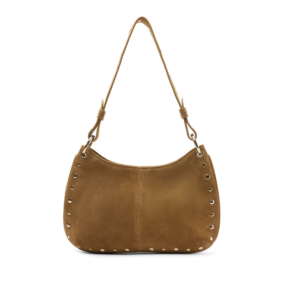Cognac suède schoudertasje met gouden studs
