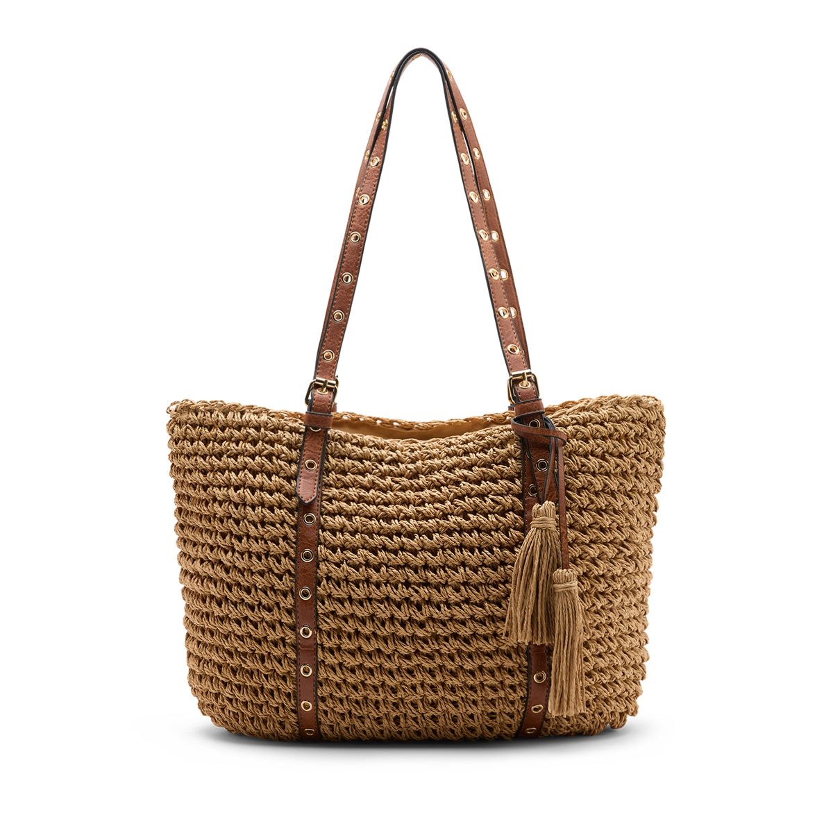 Manfield Beigefarbene Schultertasche Aus Raffia-Bast