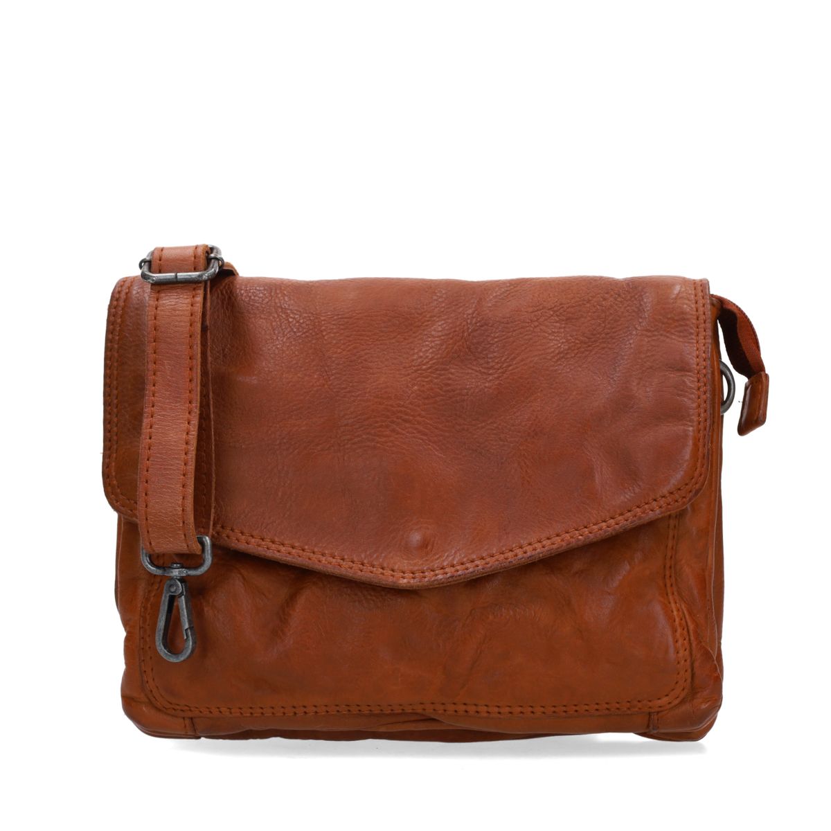 No Stress Cognac Leren Schoudertas Met Drukknoop – Maat Onesize