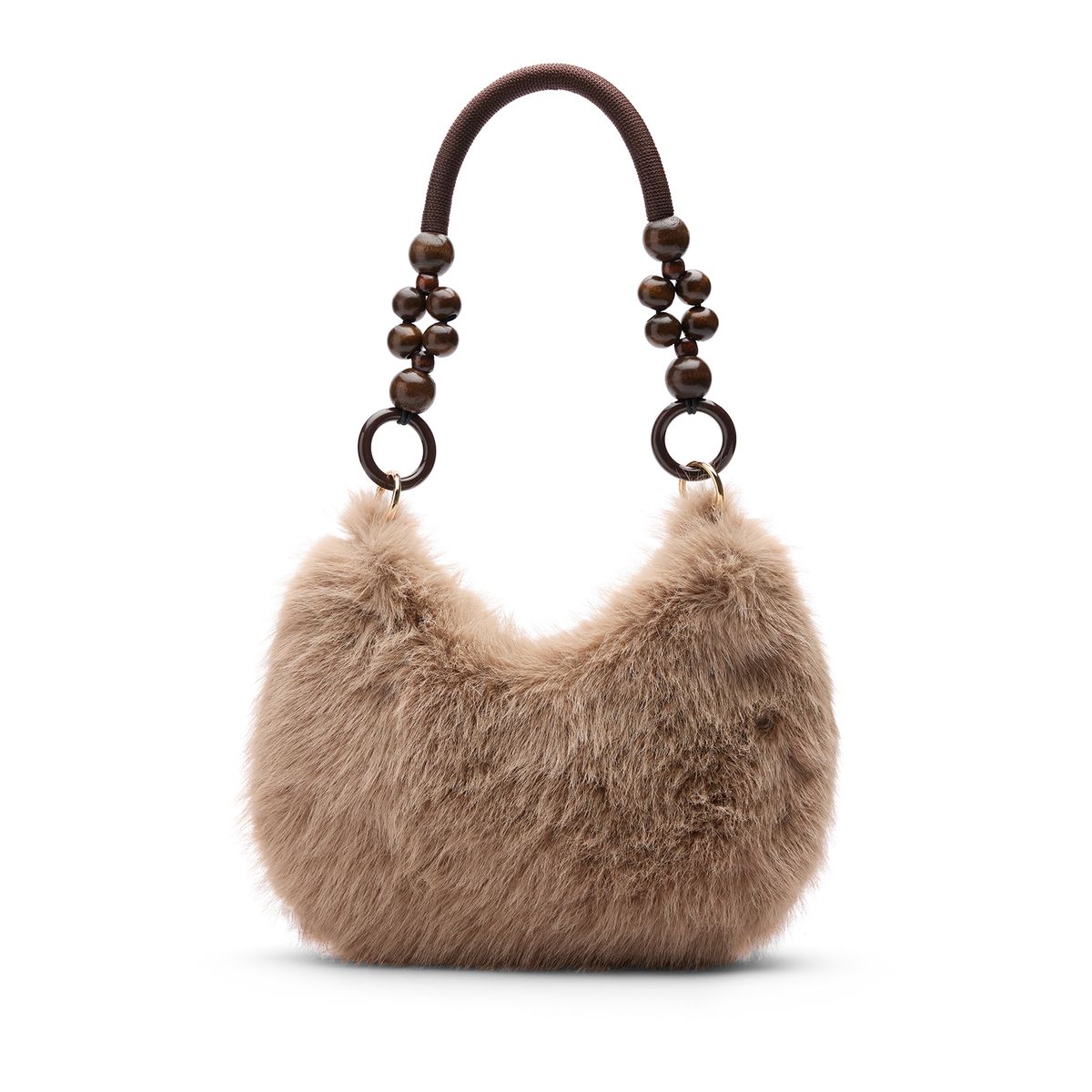 Manfield Taupe Fur Schoudertas Met Kralen Met Ritssluiting – Maat Onesize