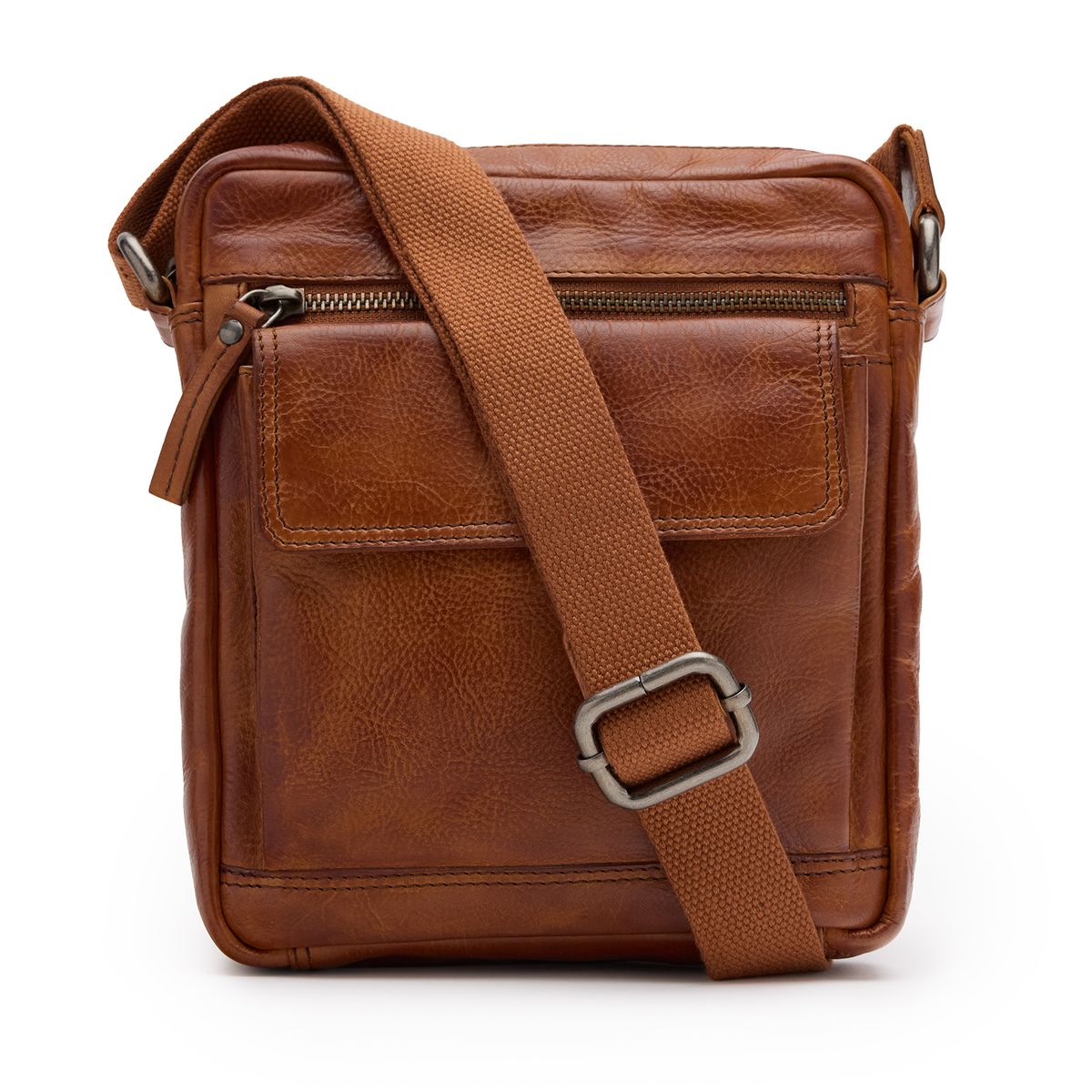 Manfield Cognac Leren Unisex Schoudertas Met Ritssluiting – Maat Onesize
