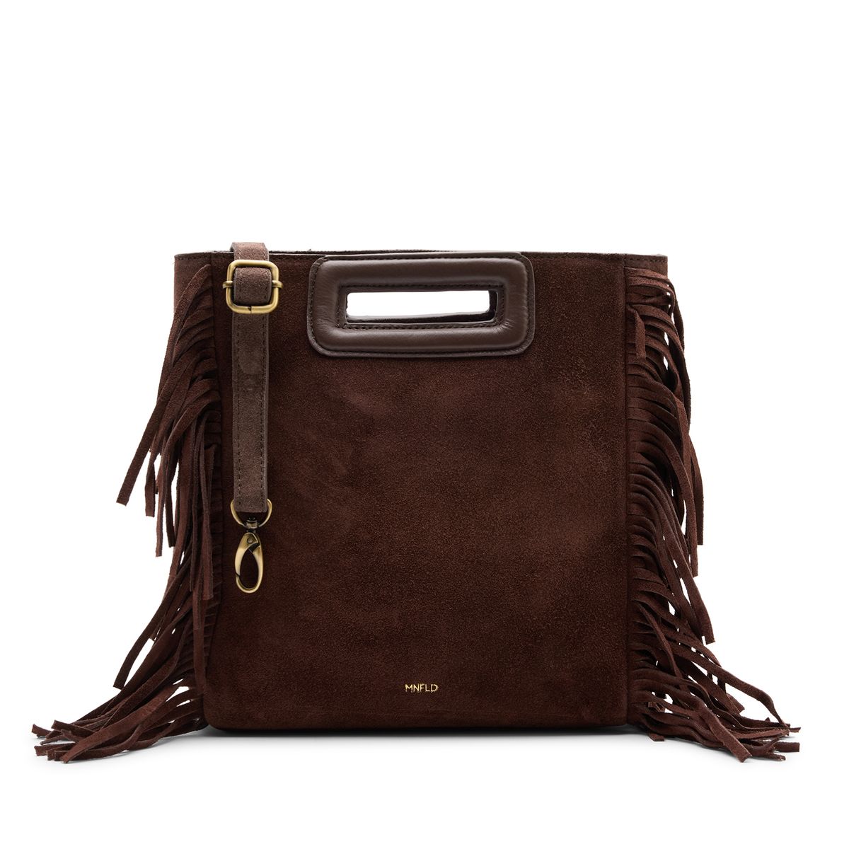 Donkerbruine suède handtas met franjes