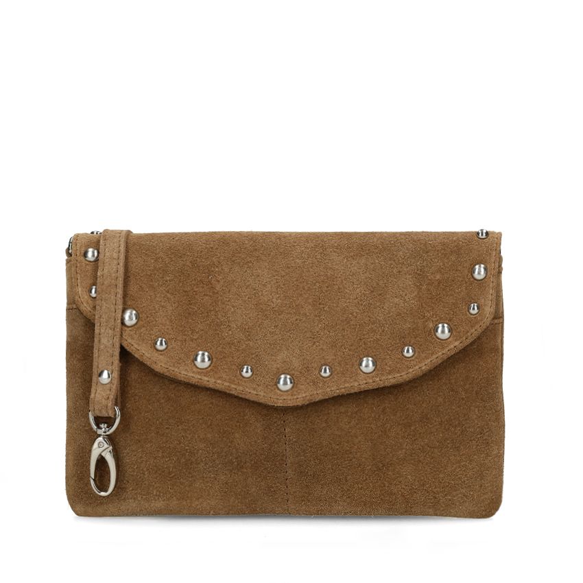Manfield Braune Veloursleder-Clutch Mit Silberfarbenen Nieten