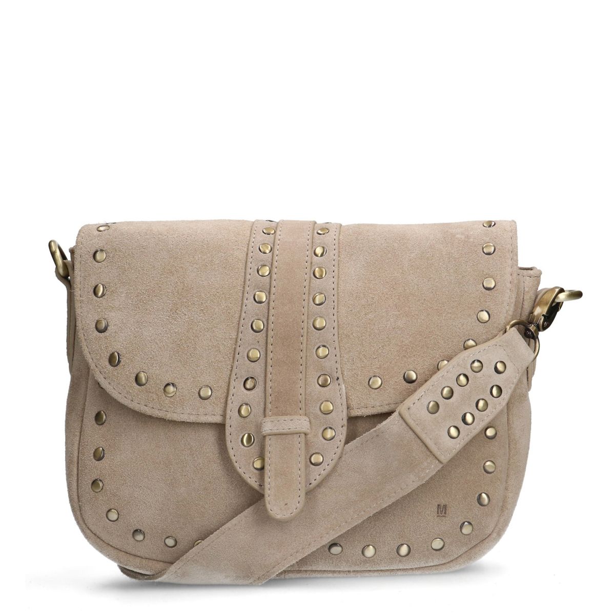 Beige suède schoudertas met gouden studs