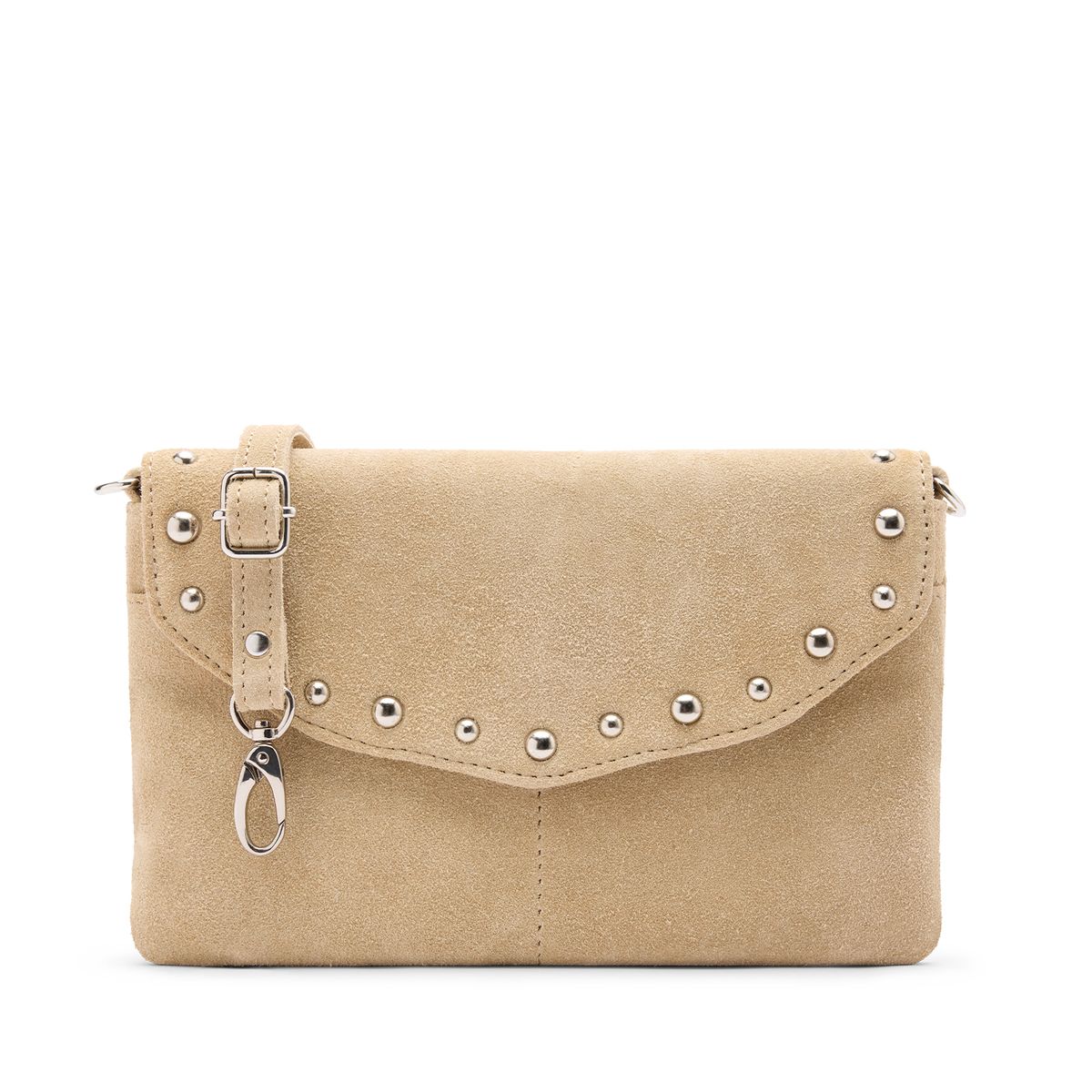Manfield Beigefarbene Veloursleder-Clutch Mit Silberfarbenen Nieten