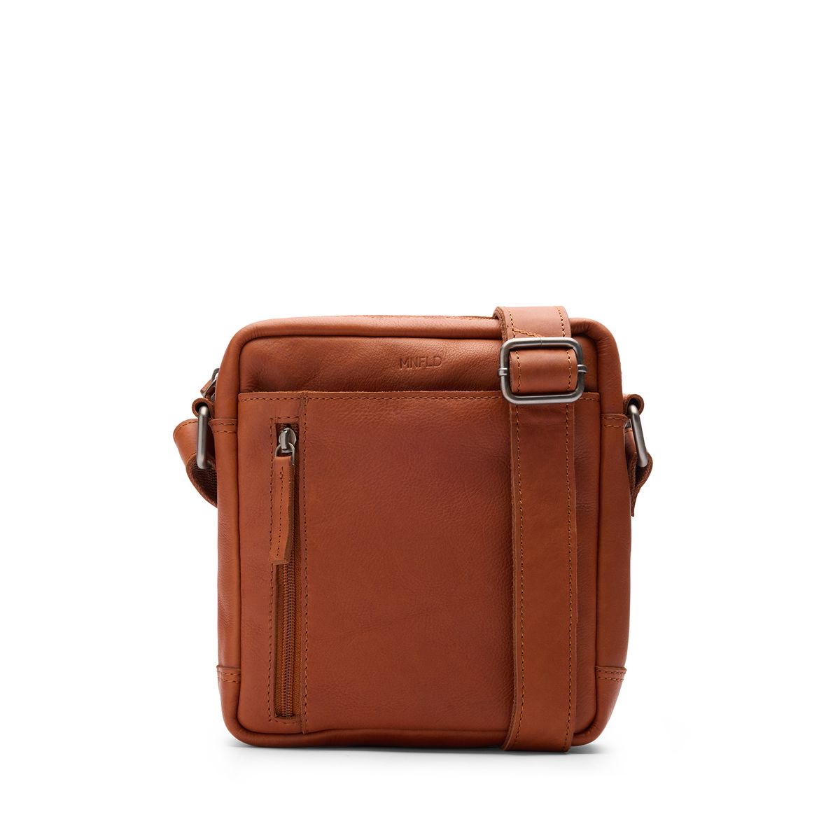 Manfield Cognac Leren Unisex Schoudertas Met Ritssluiting – Maat Onesize