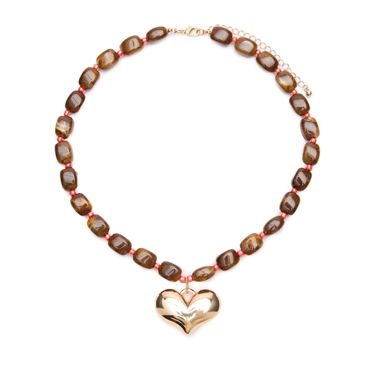 Bruine kralenketting met gouden hartje