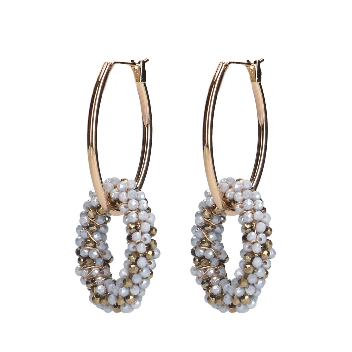 Goudkleurige oorbellen met blauwe glaskralen hangers