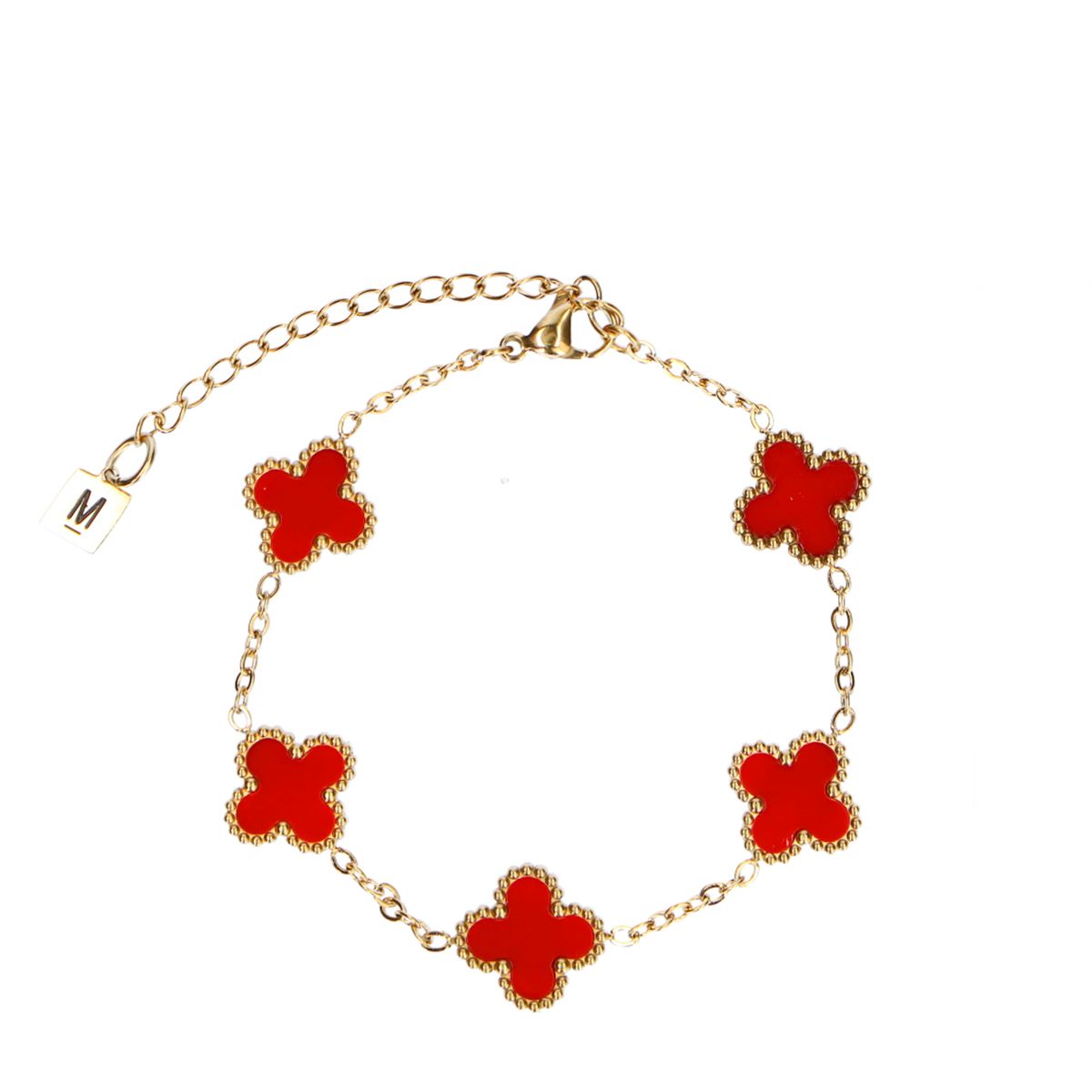 Goudkleurige rode klavertjes armband