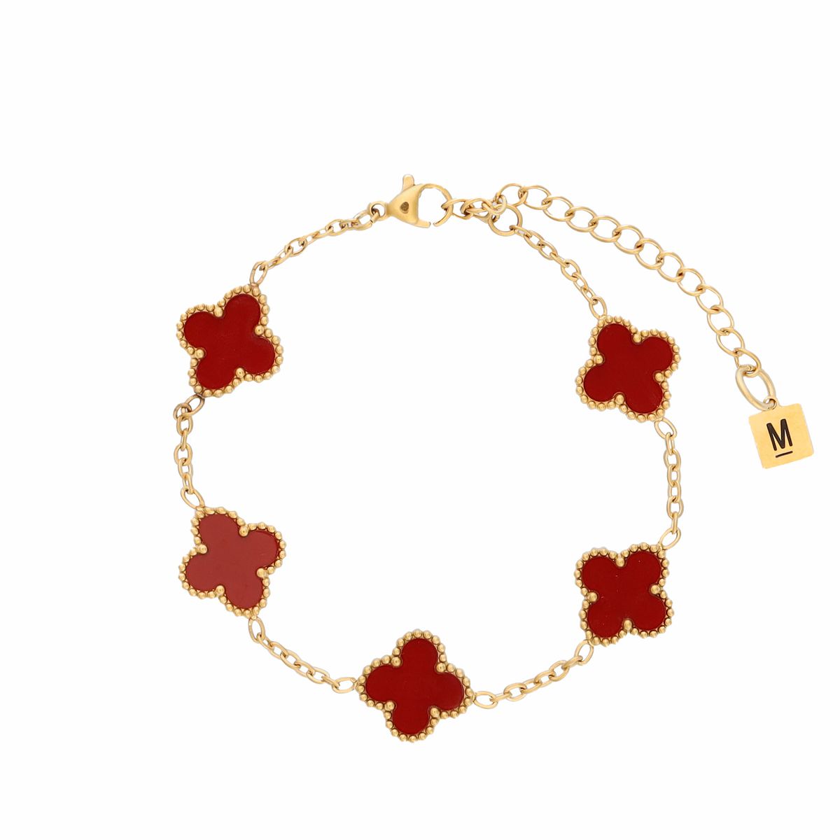 Burgundy klavertjes armband met gouden rand