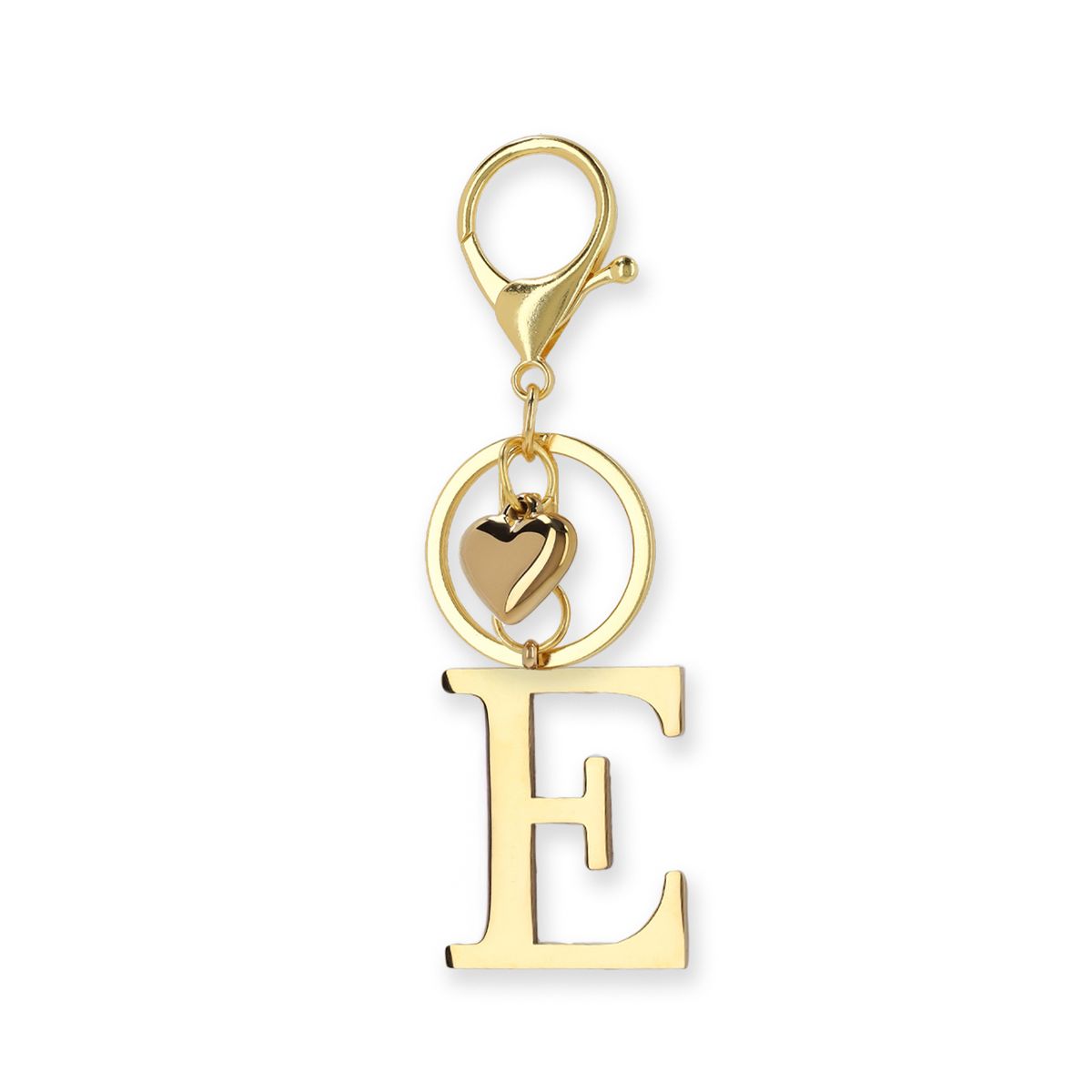 Goudkleurige bag charm letter E