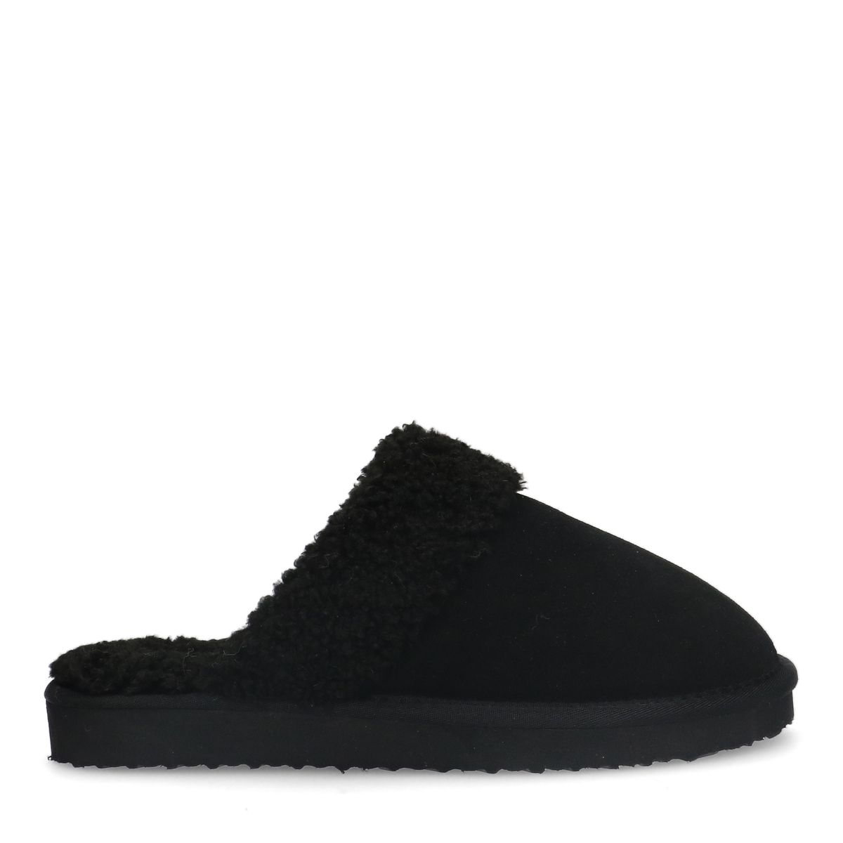 Zwarte suède pantoffels met imiatatiewol