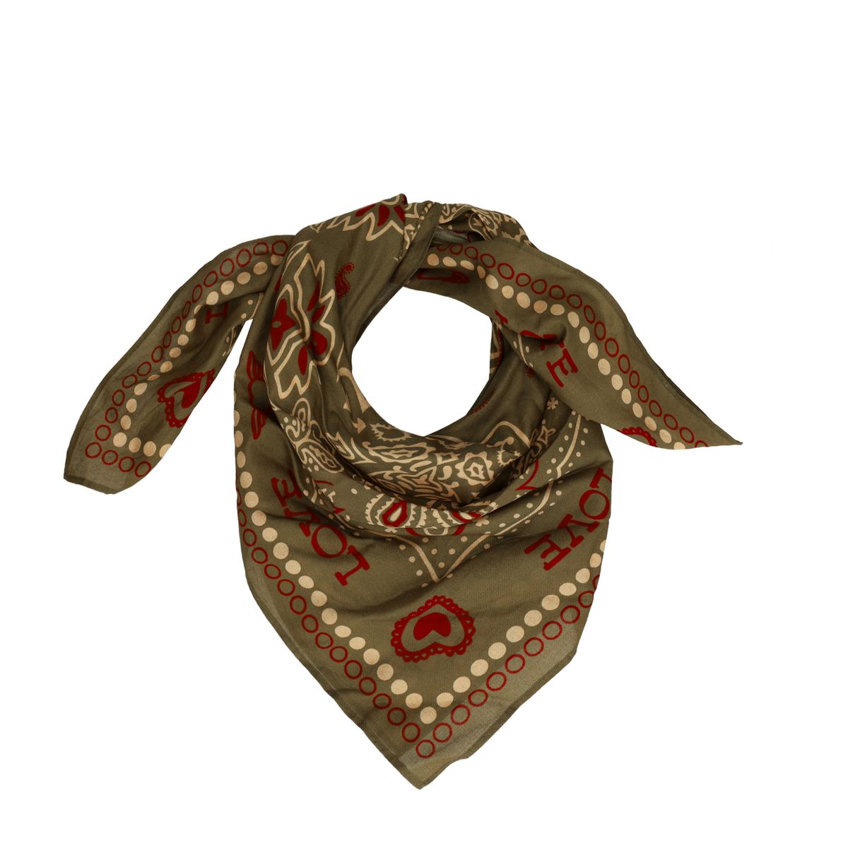 Donkergroen sjaaltje met beige- en donkerrode details