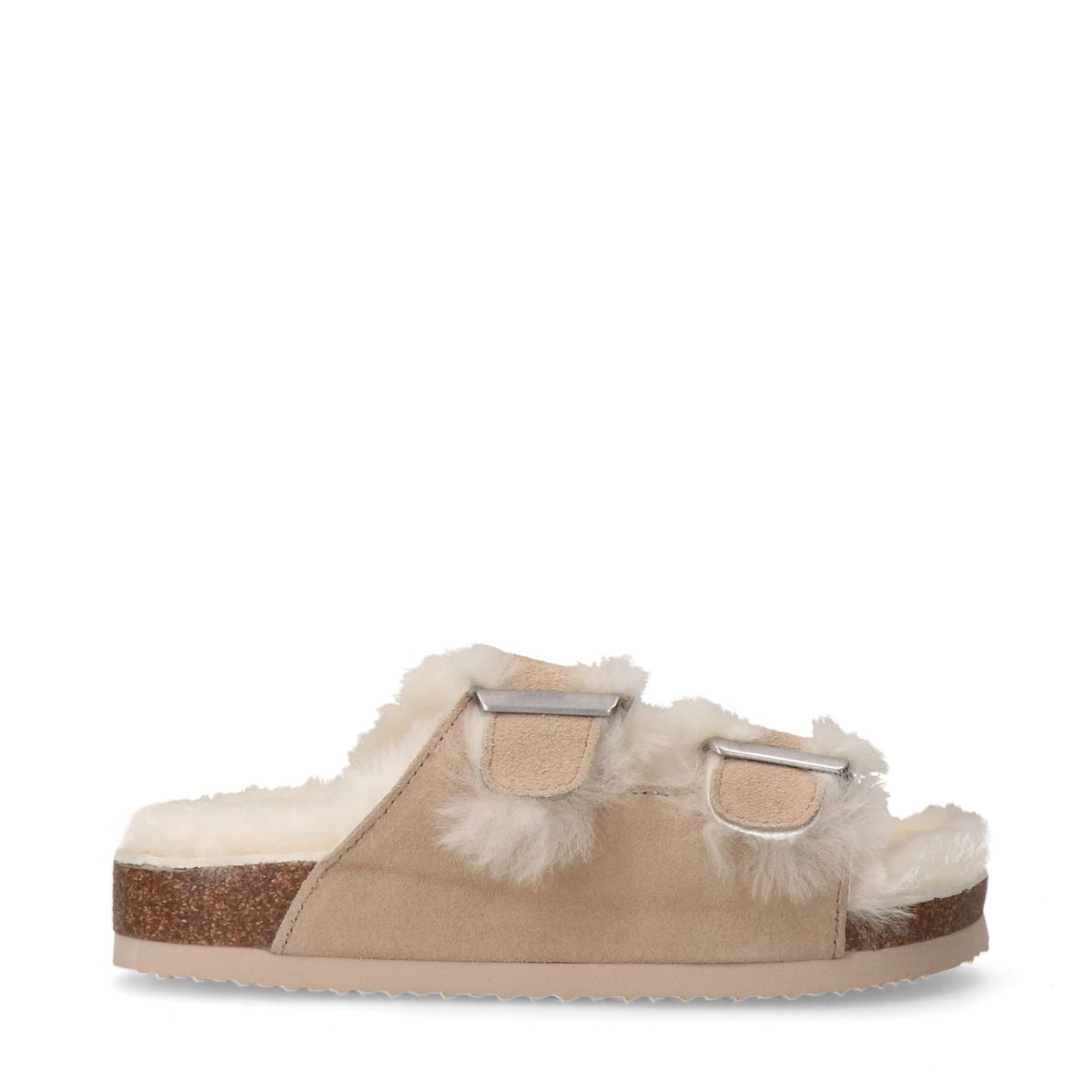 Beige suède slippers met bontvoering