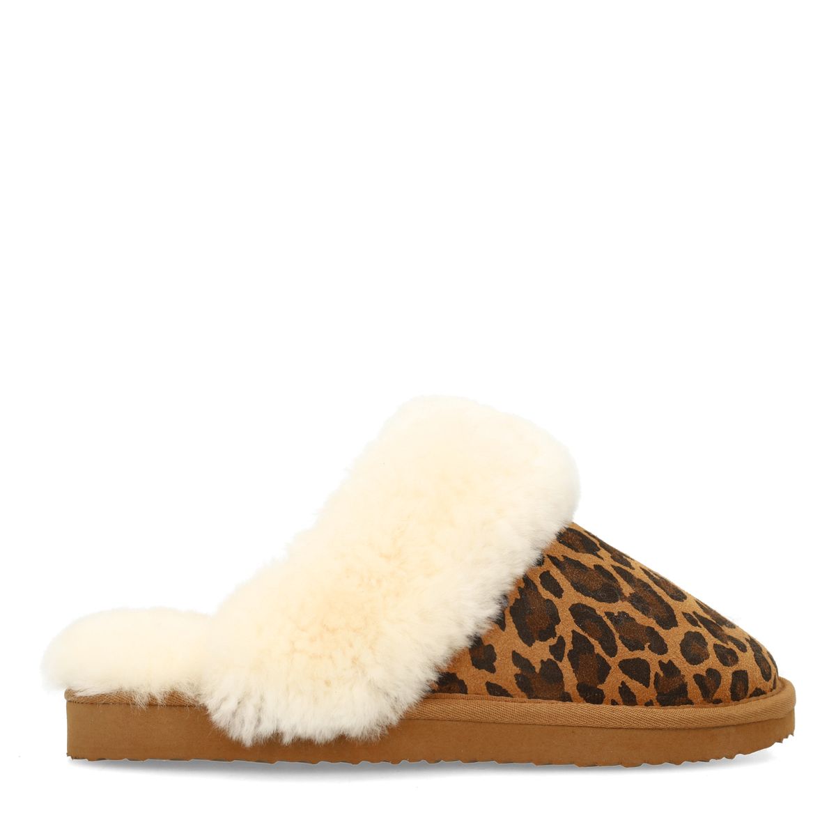 Beige leopard pantoffels met bontvoering