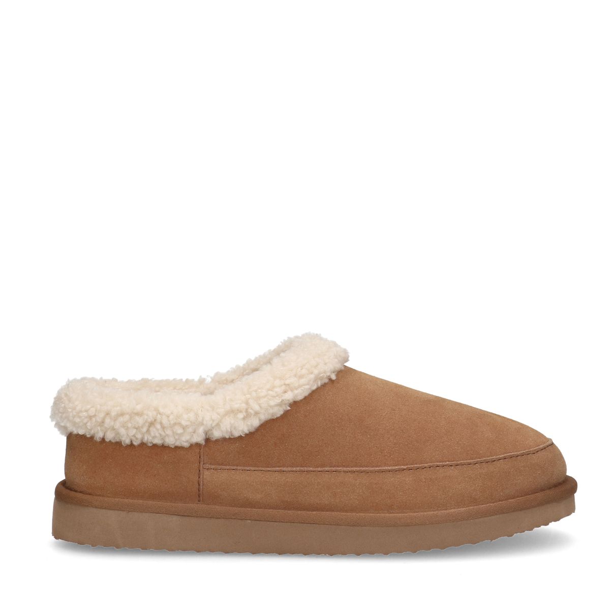 Cognac suède pantoffels met imitatie wol