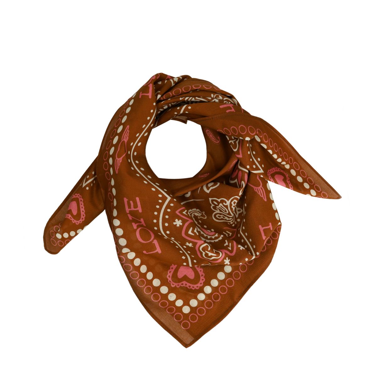 Cognackleurige sjaaltje met roze- en witte details