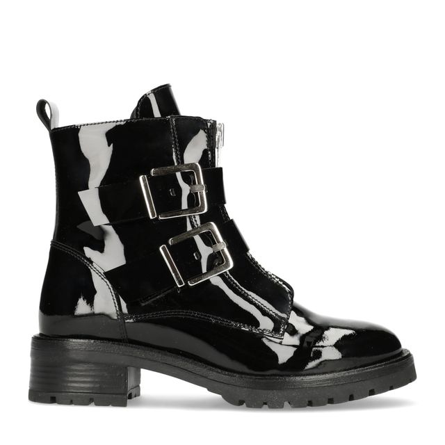 Lak zwarte biker boots met gespen
