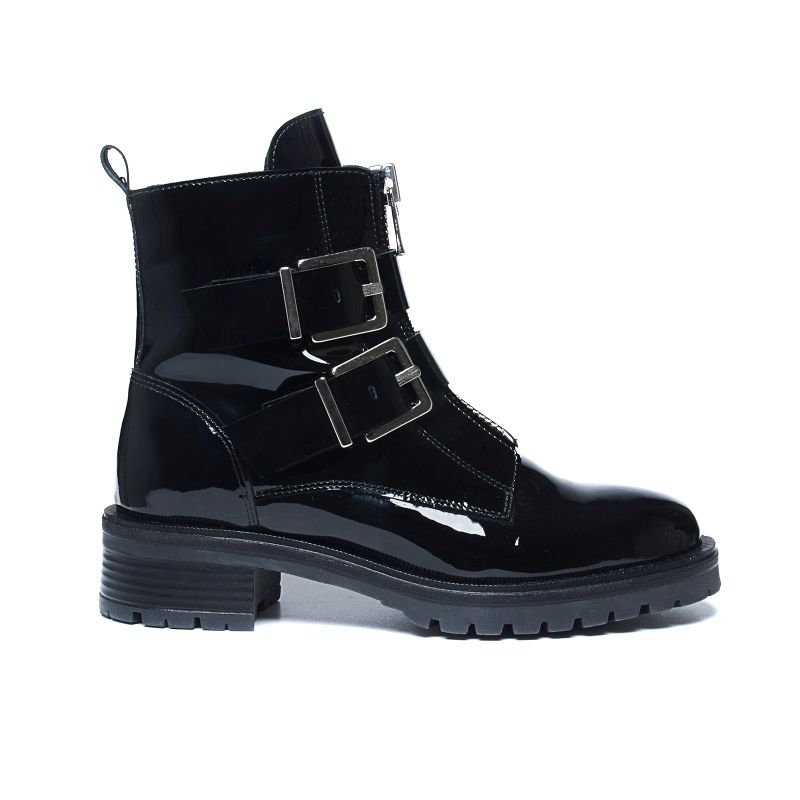Bottines motardes en cuir verni avec boucles et fermeture éclair