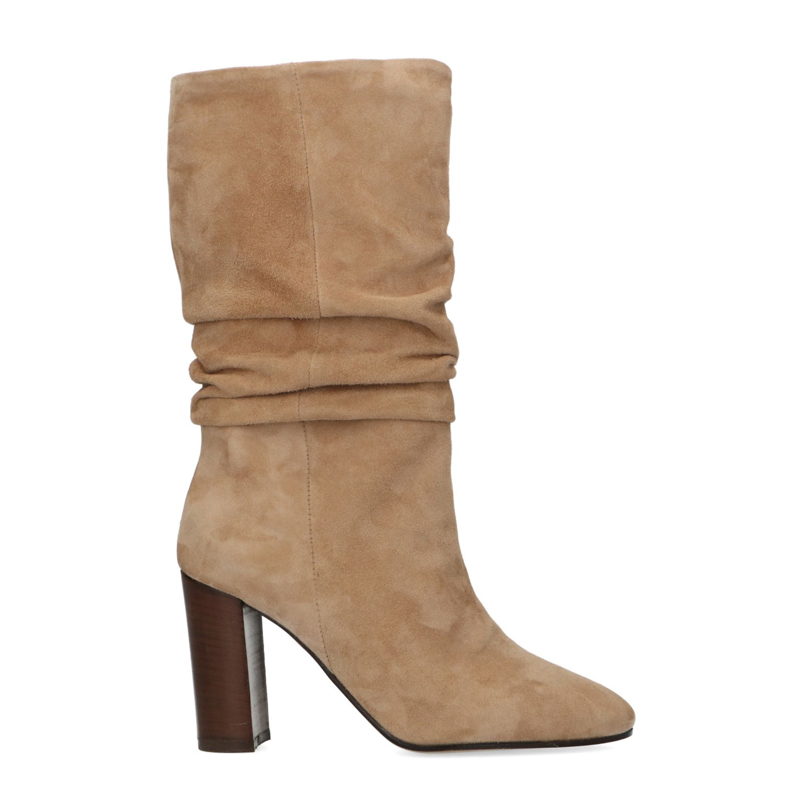 Camel laarsjes met hak en geplooid detail - Dames | MANFIELD