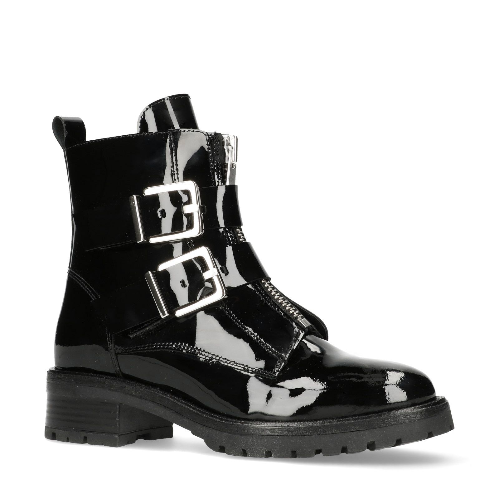 Schwarze Biker Boots Aus Lack Mit Schnallen