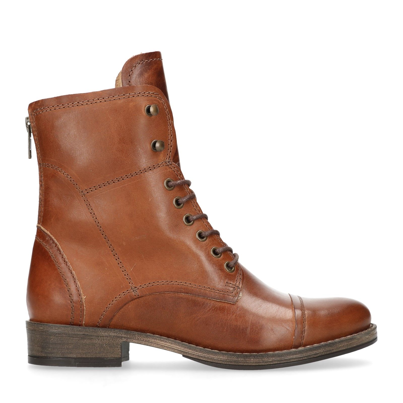 Manfield Cognac veterlaarzen leer met imitatiebont Manfield Cognac veterlaarzen leer met imitatiebont