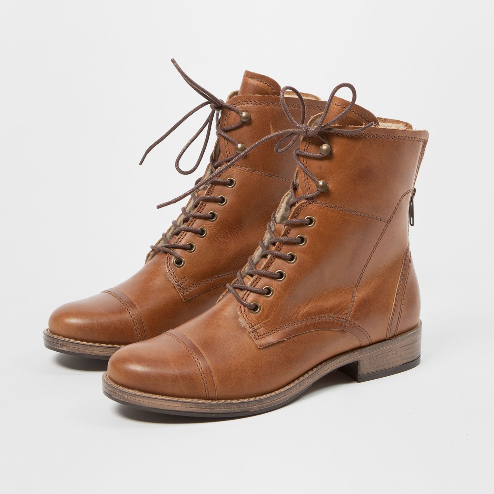 Cognac veterlaarzen leer met imitatiebont Dames | MANFIELD Cognac veterlaarzen leer met imitatiebont Dames | MANFIELD