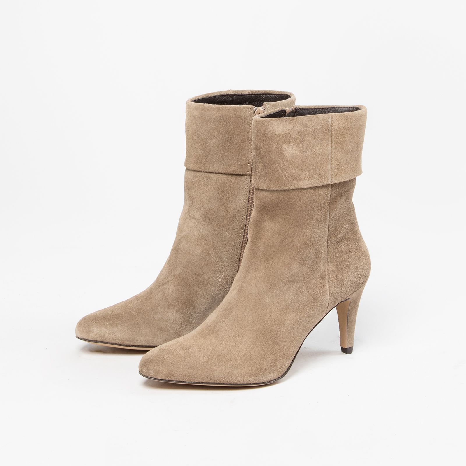 Taupe suède enkellaarsjes met hak - Dames | MANFIELD