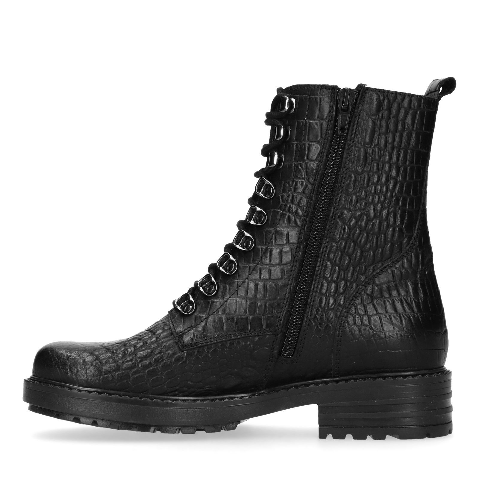 Zwarte leren veterlaarsjes met snakeskin - Dames | MANFIELD