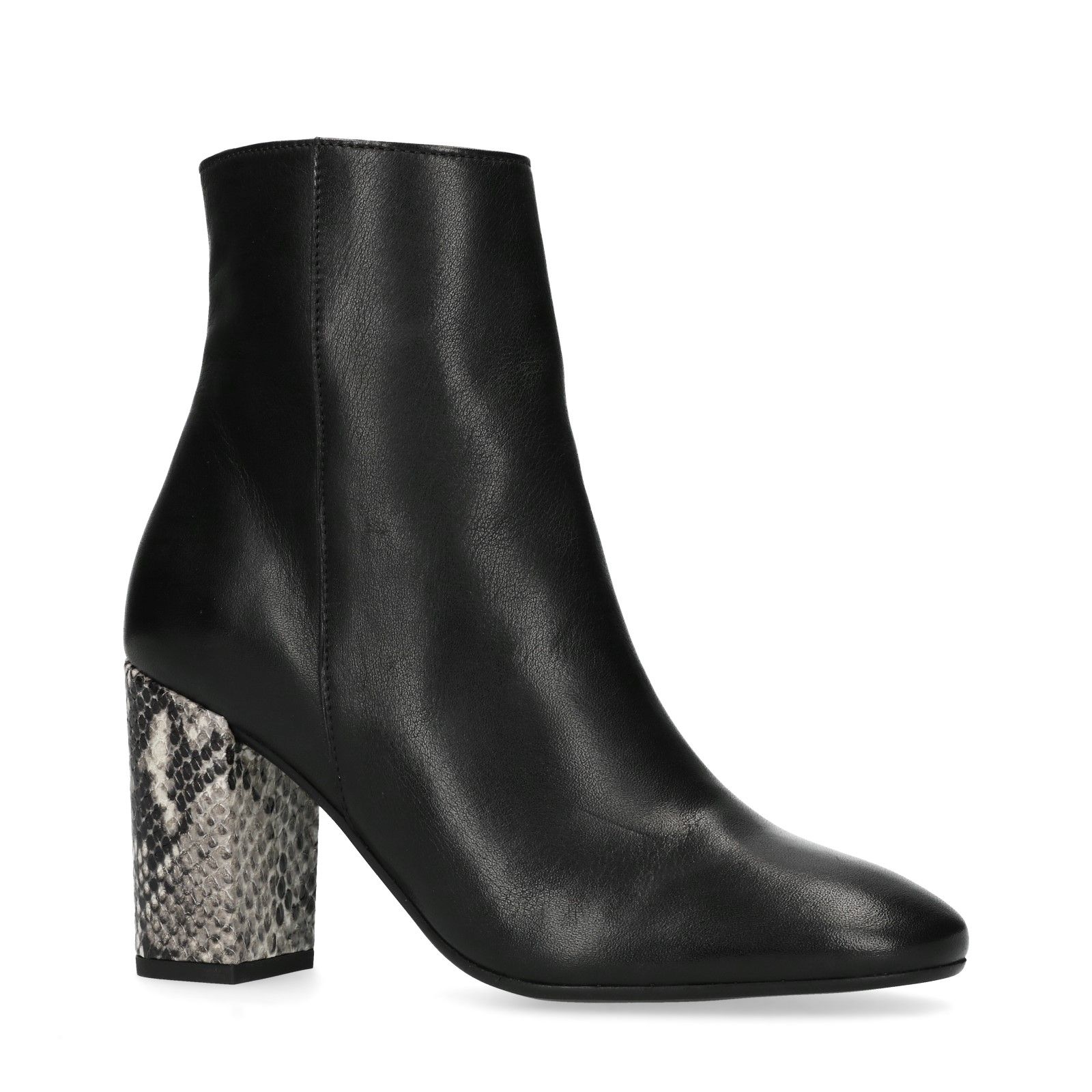 Zwarte enkellaarsjes met snakeskin hak Dames | MANFIELD Zwarte enkellaarsjes met hak en snakeskin Damesschoenen