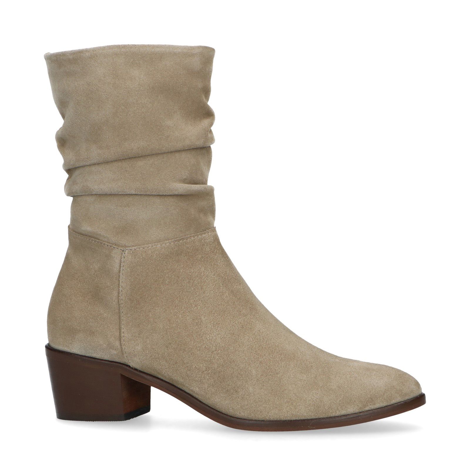 Beige suède enkellaarsjes met geplooid detail - Dames | MANFIELD
