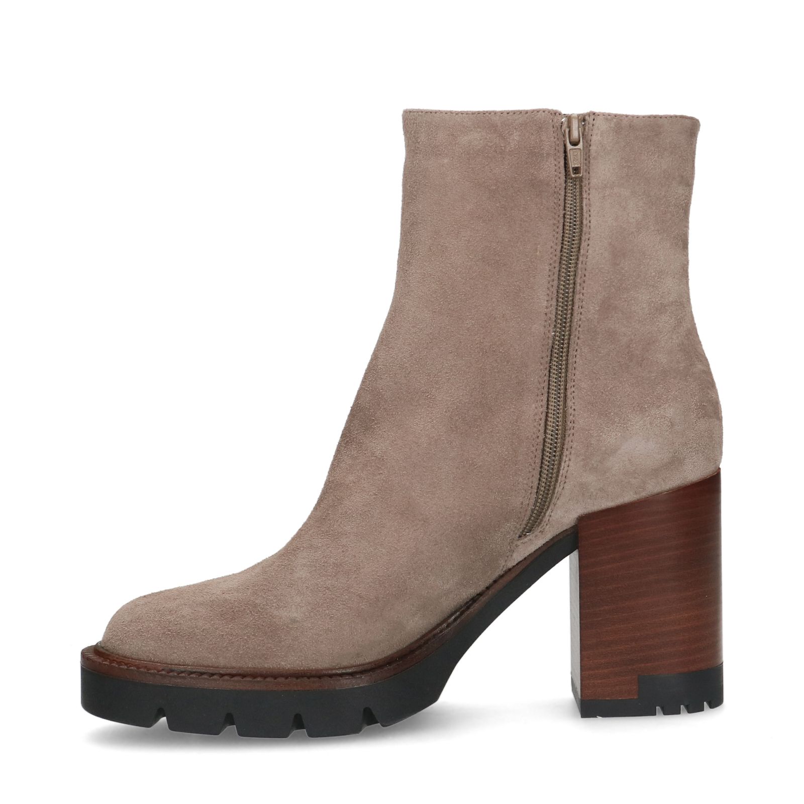 Taupe suède enkellaarsjes met blokhak - Dames | MANFIELD
