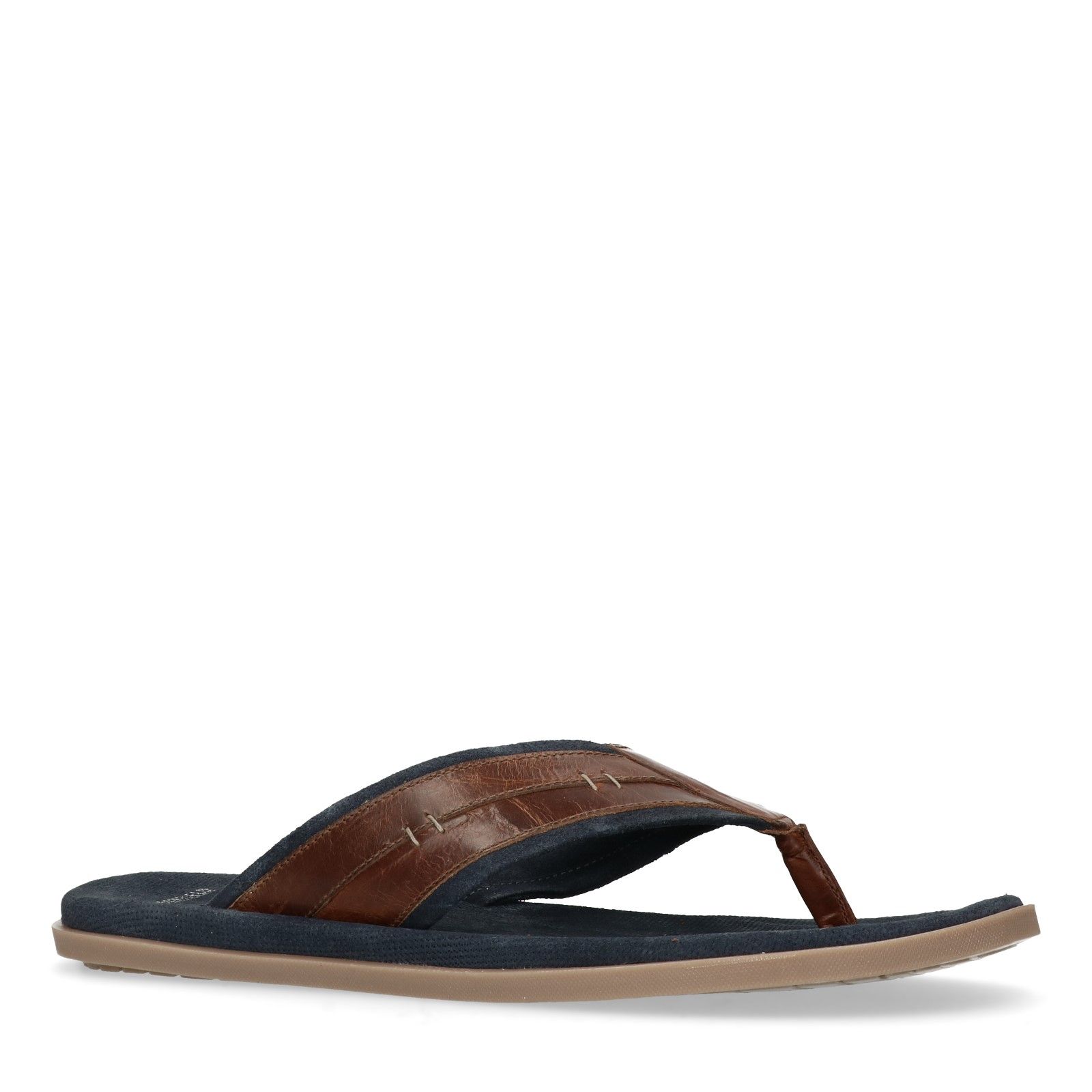 Cognac slippers met donkerblauwe details - Heren | MANFIELD