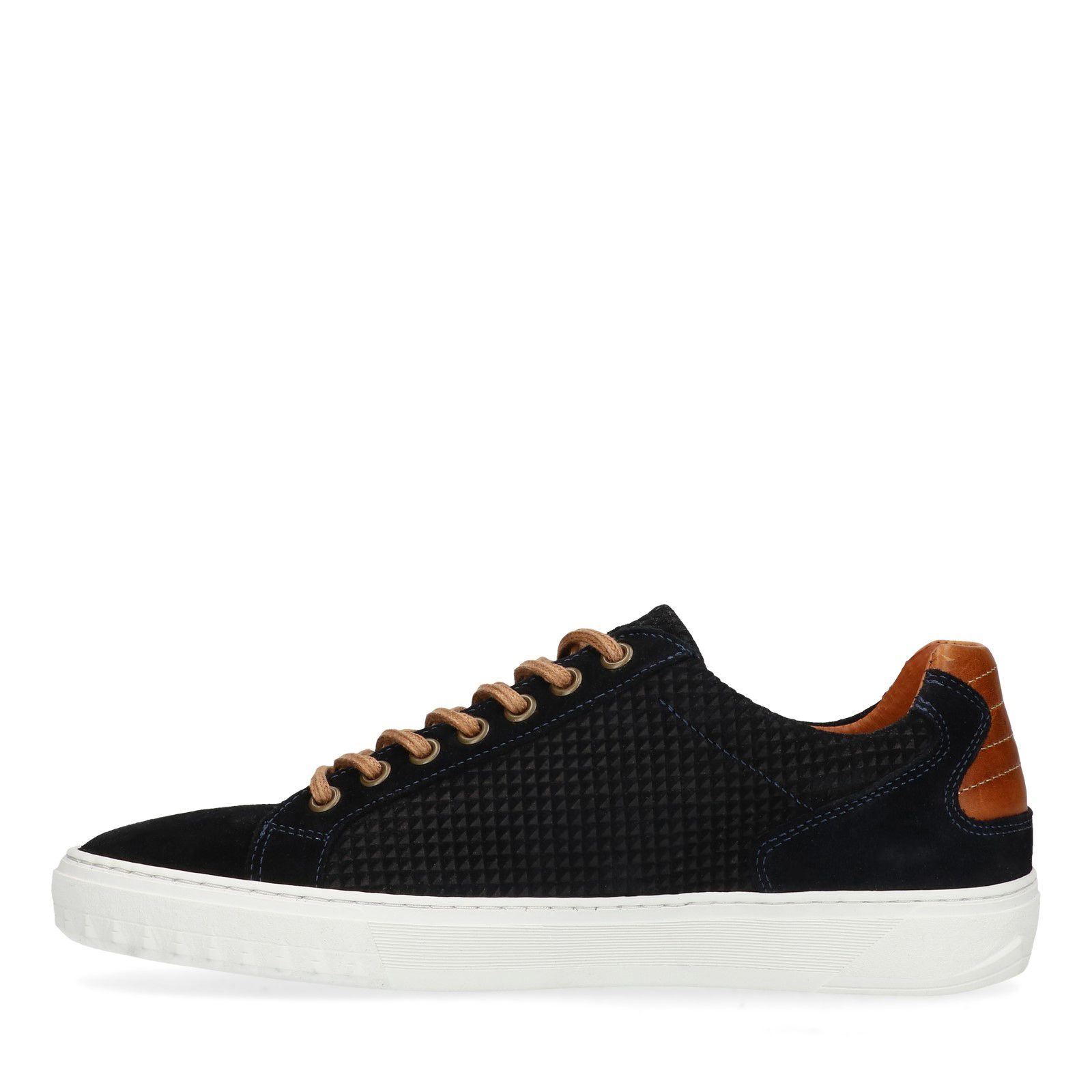 Navy blauwe sneakers met bruine details - Heren | MANFIELD