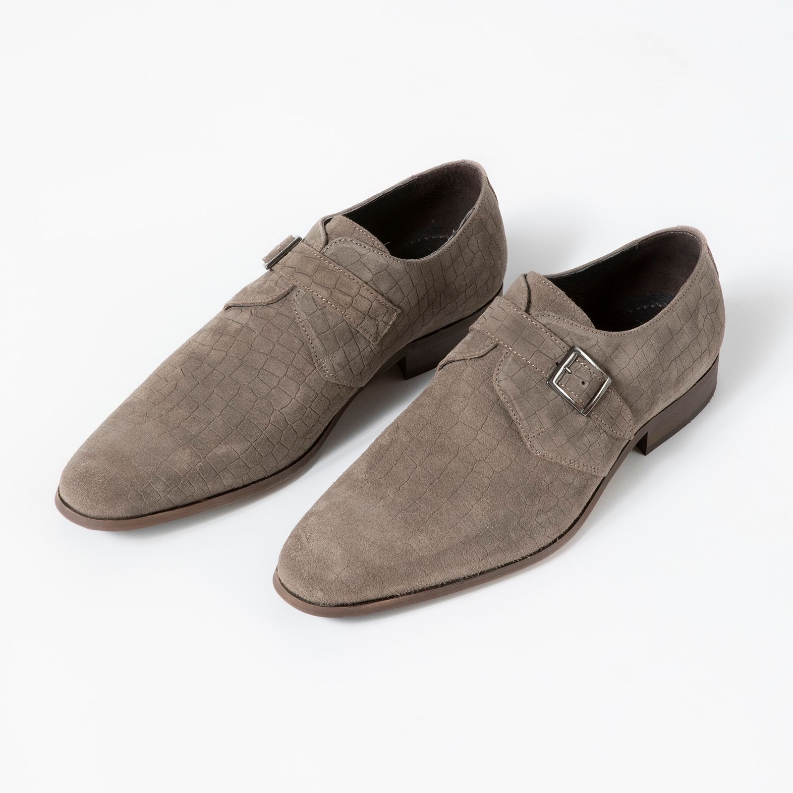 Taupe suède gespschoenen met crocoprint - Heren | MANFIELD