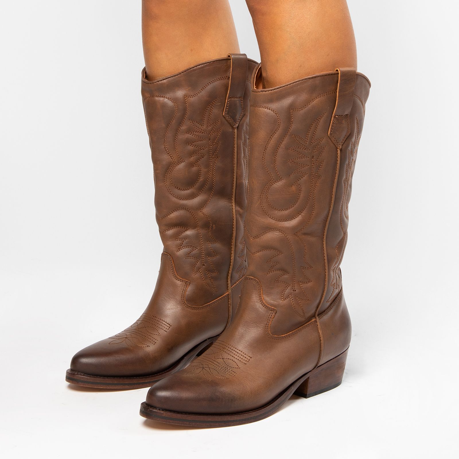 Bruine Leren Cowboy Laarzen Dames MANFIELD Bruine Leren Cowboy Laarzen Dames MANFIELD