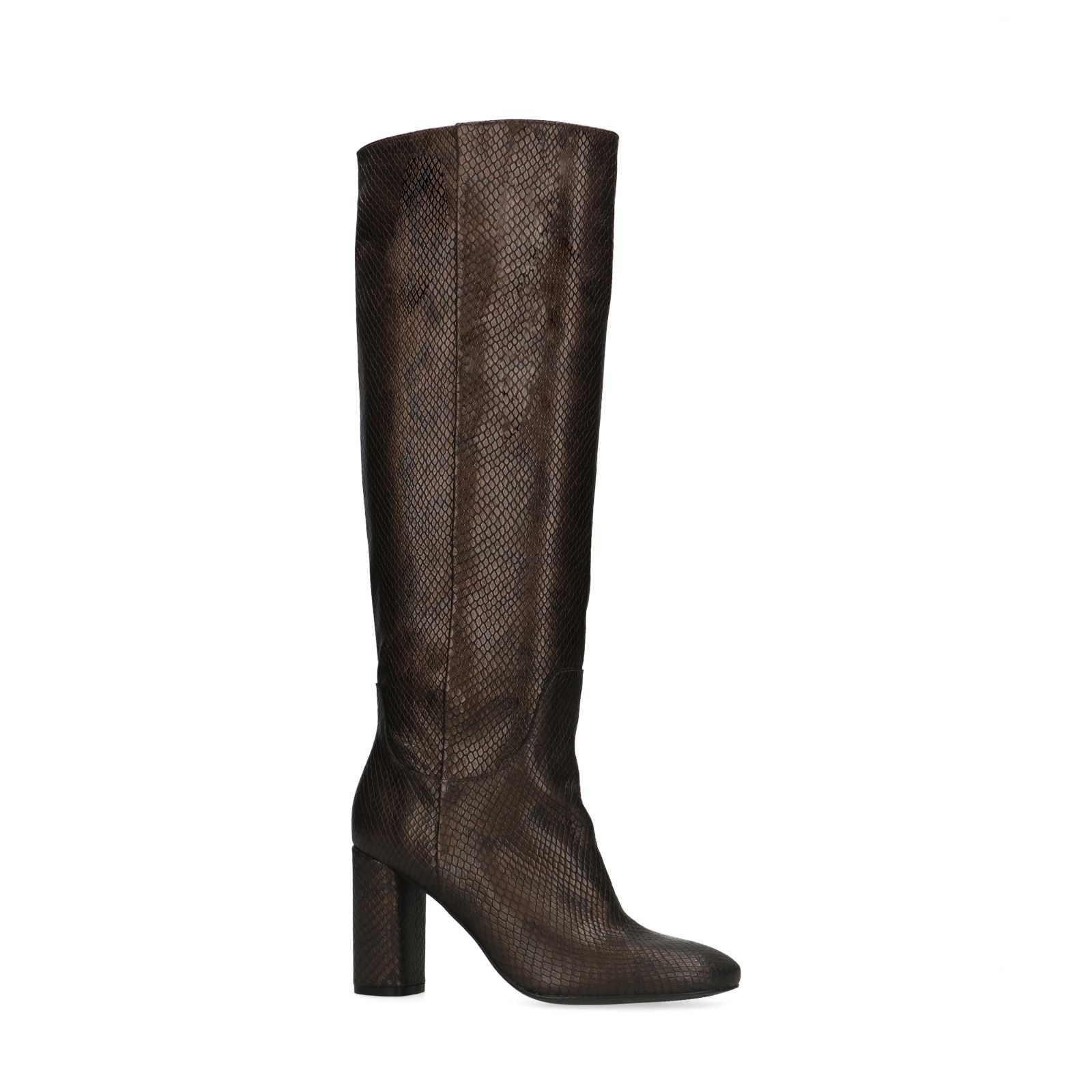 Bruine leren laarzen met slangenprint - Dames | MANFIELD